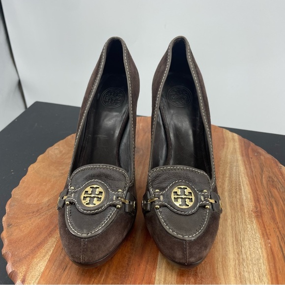 Tory Burch Brown Joan Loafer Suede heels Pumps 7.5 buckle loafers logo - Picture 2 of 9
